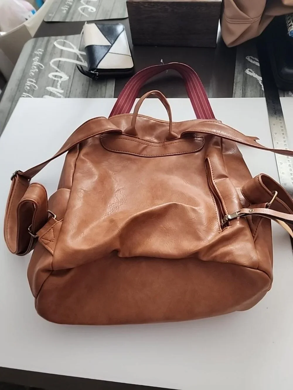Brown Convertible Backpack Purse Boho Woven Strap FauxLeather